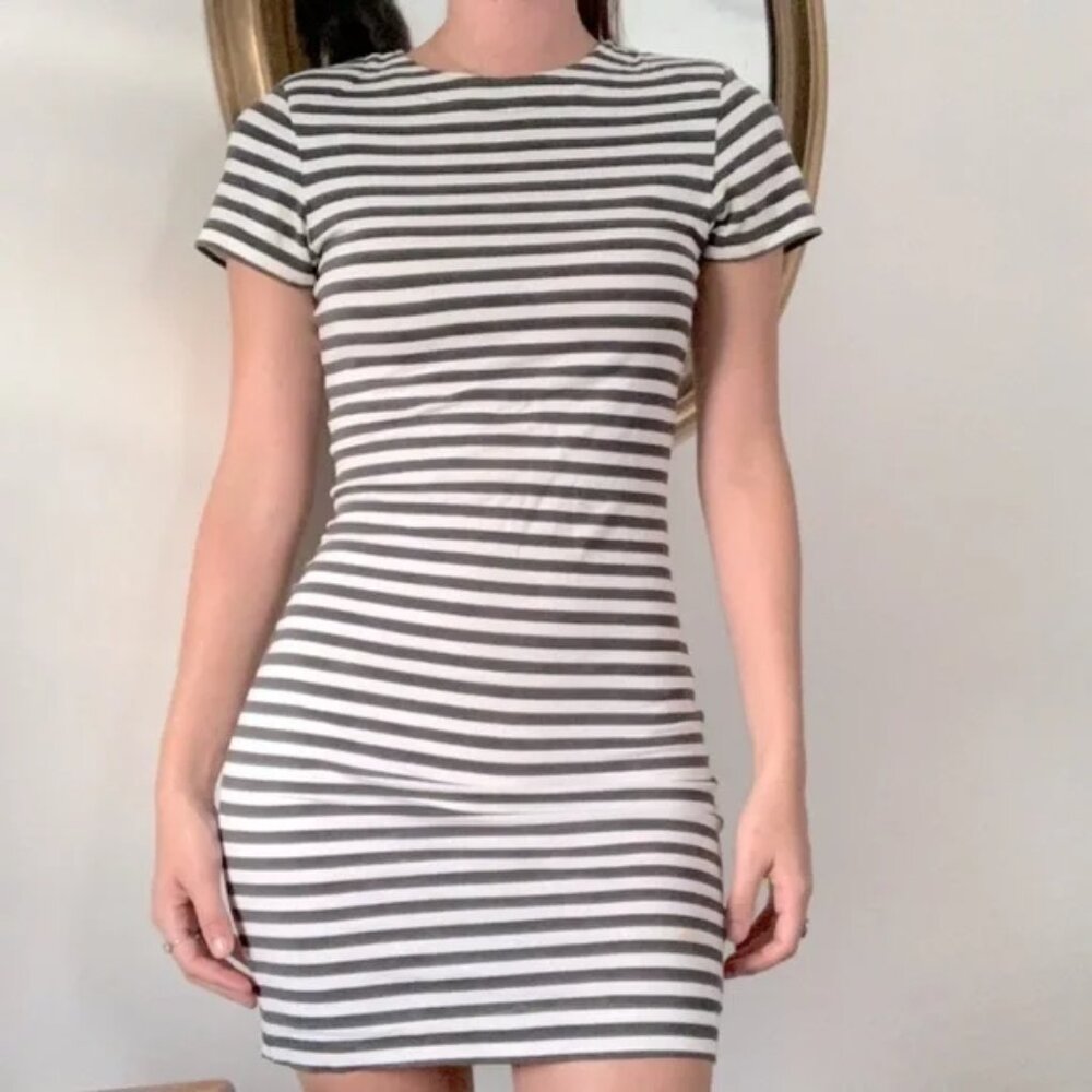 French Connection Bodycon Mini T-Shirt Dress Green & White Stripes Women's 4